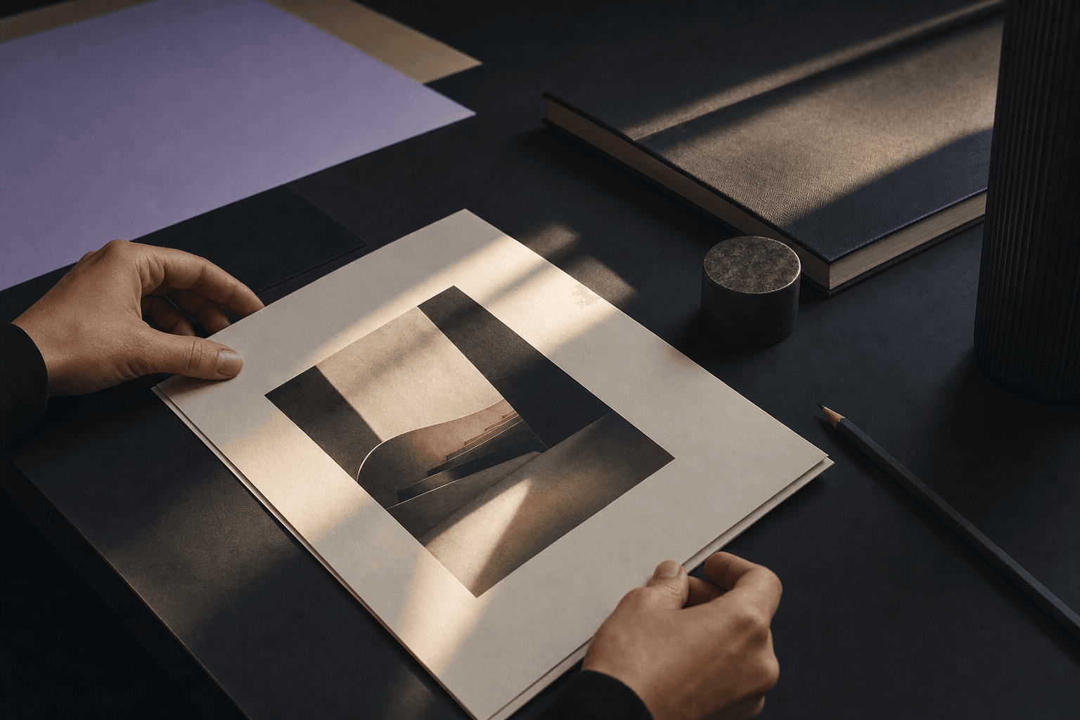 Hands arranging a finished project on a desk