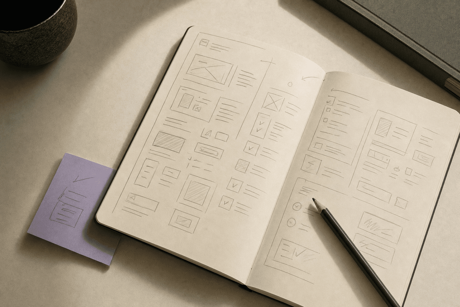 An open notebook with a project sketch and pencil