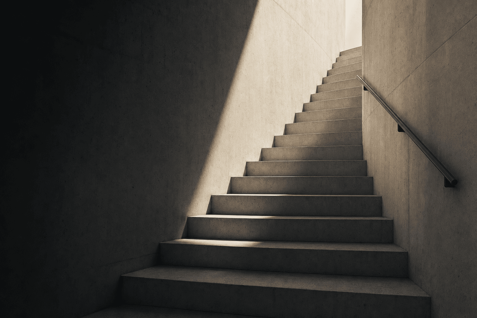 A concrete staircase rising into a shaft of light